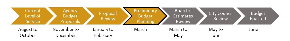 Line of arrows for the different phases of the budget process. Currently, the City is in the preliminary budget planning phase.